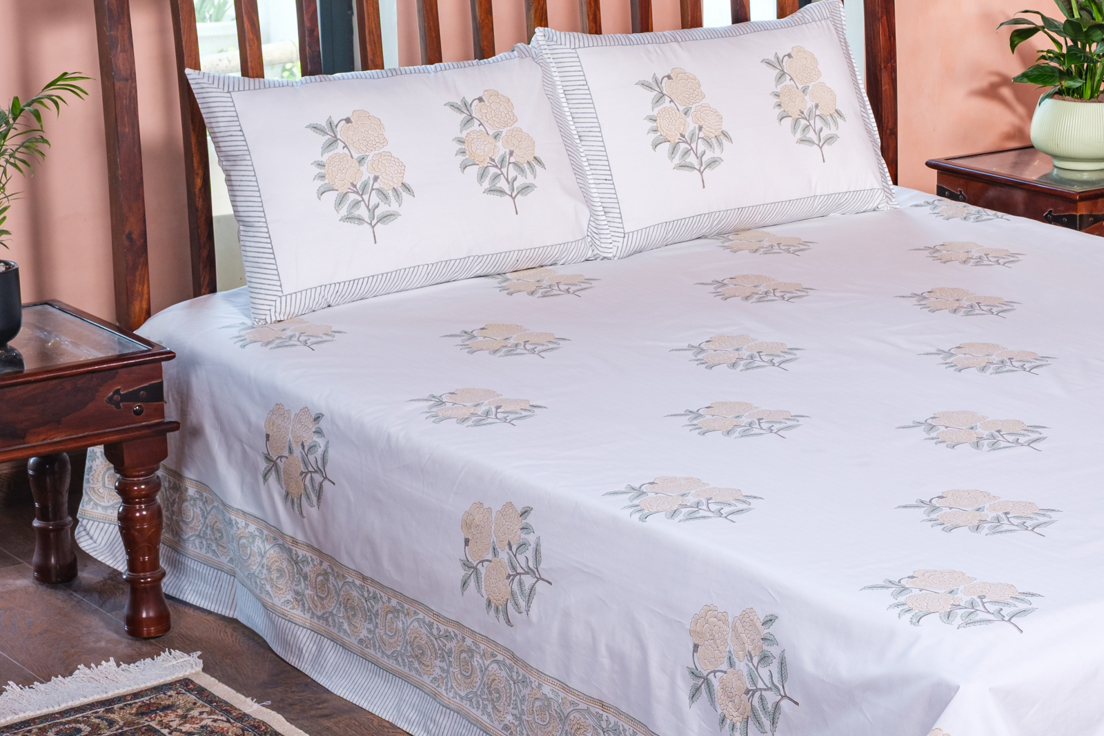 King Size Block Printed Percale Fine Cotton Bedspread with 2 Pillow Cases 100923