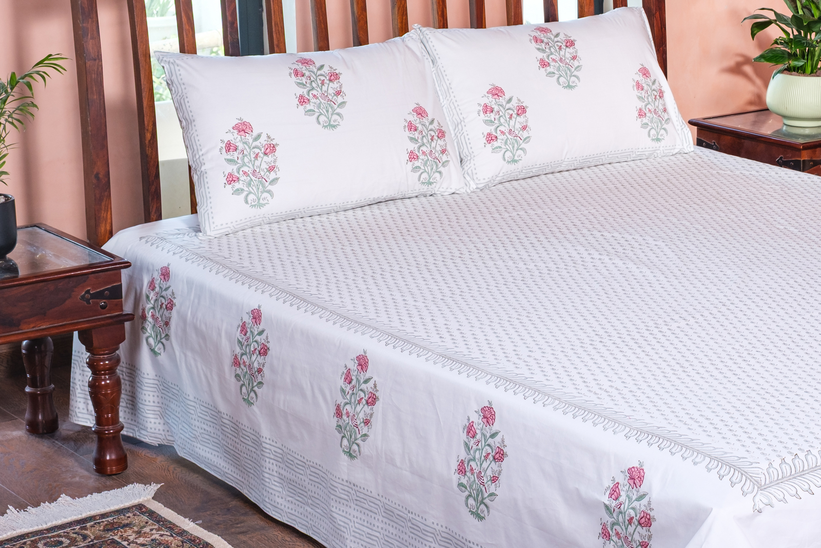 King Size Block Printed Percale Fine Cotton Bedspread with 2 Pillow Cases 100927