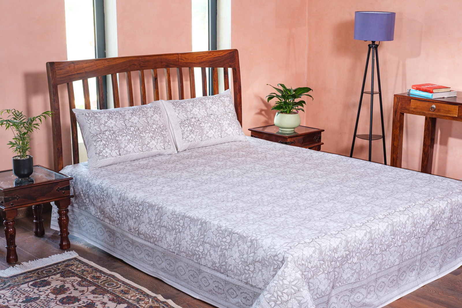HKing Size Block Printed Percale Fine Cotton Bedspread with 2 Pillow Cases 100932