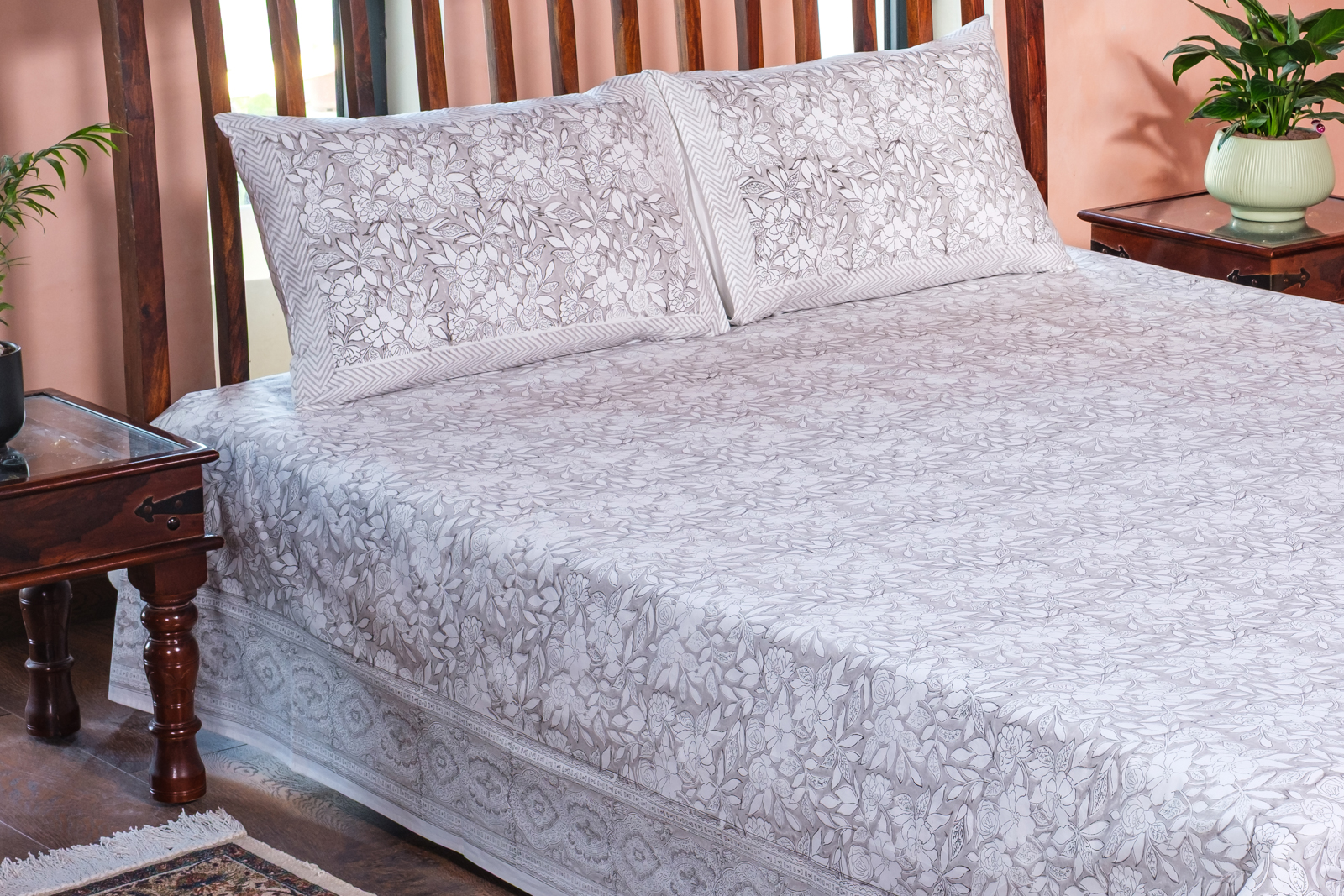 HKing Size Block Printed Percale Fine Cotton Bedspread with 2 Pillow Cases 100932