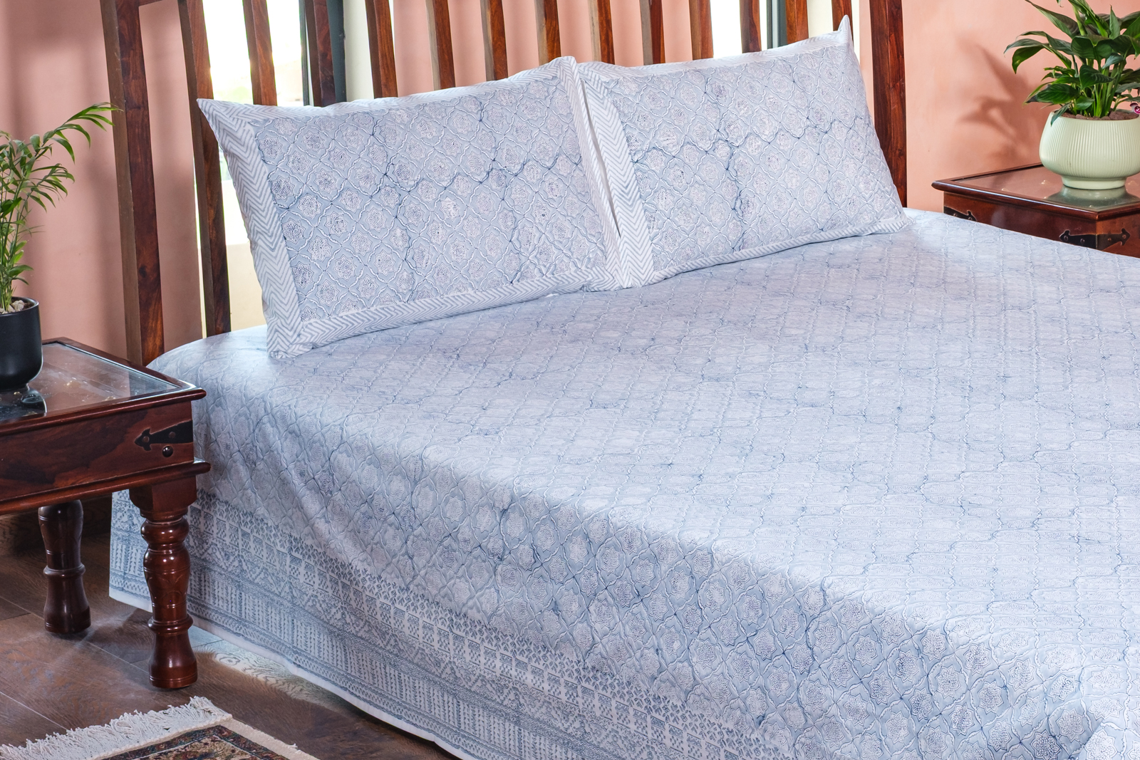 King Size Block Printed Percale Fine Cotton Bedspread with 2 Pillow Cases 100940