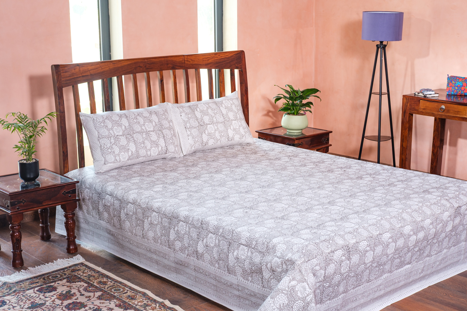 King Size Block Printed Percale Fine Cotton Bedspread with 2 Pillow Cases 100946