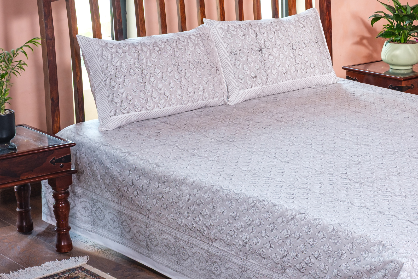 King Size Block Printed Percale Fine Cotton Bedspread with 2 Pillow Cases 100949