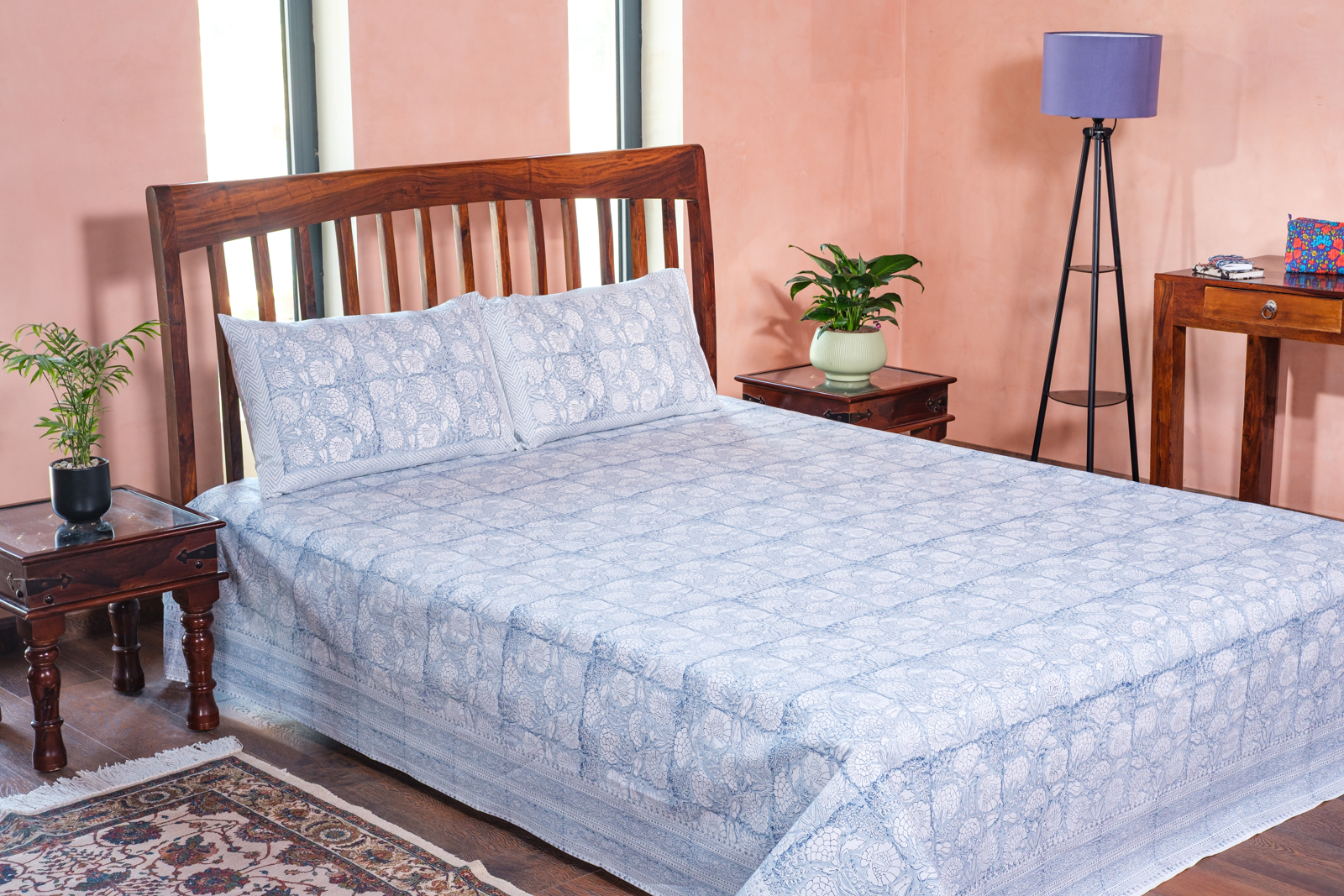 King Size Block Printed Percale Fine Cotton Bedspread with 2 Pillow Cases 100953