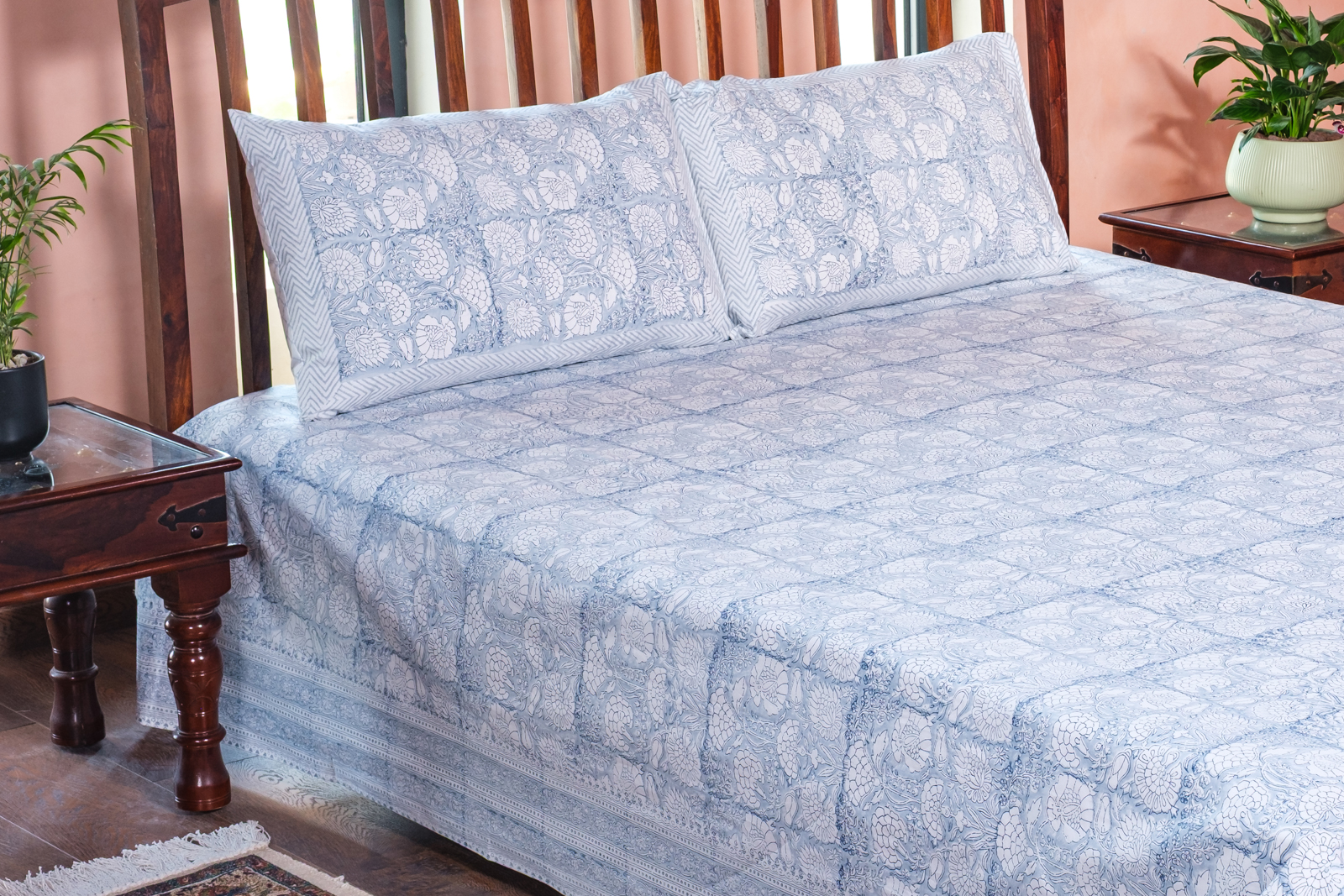 King Size Block Printed Percale Fine Cotton Bedspread with 2 Pillow Cases 100953
