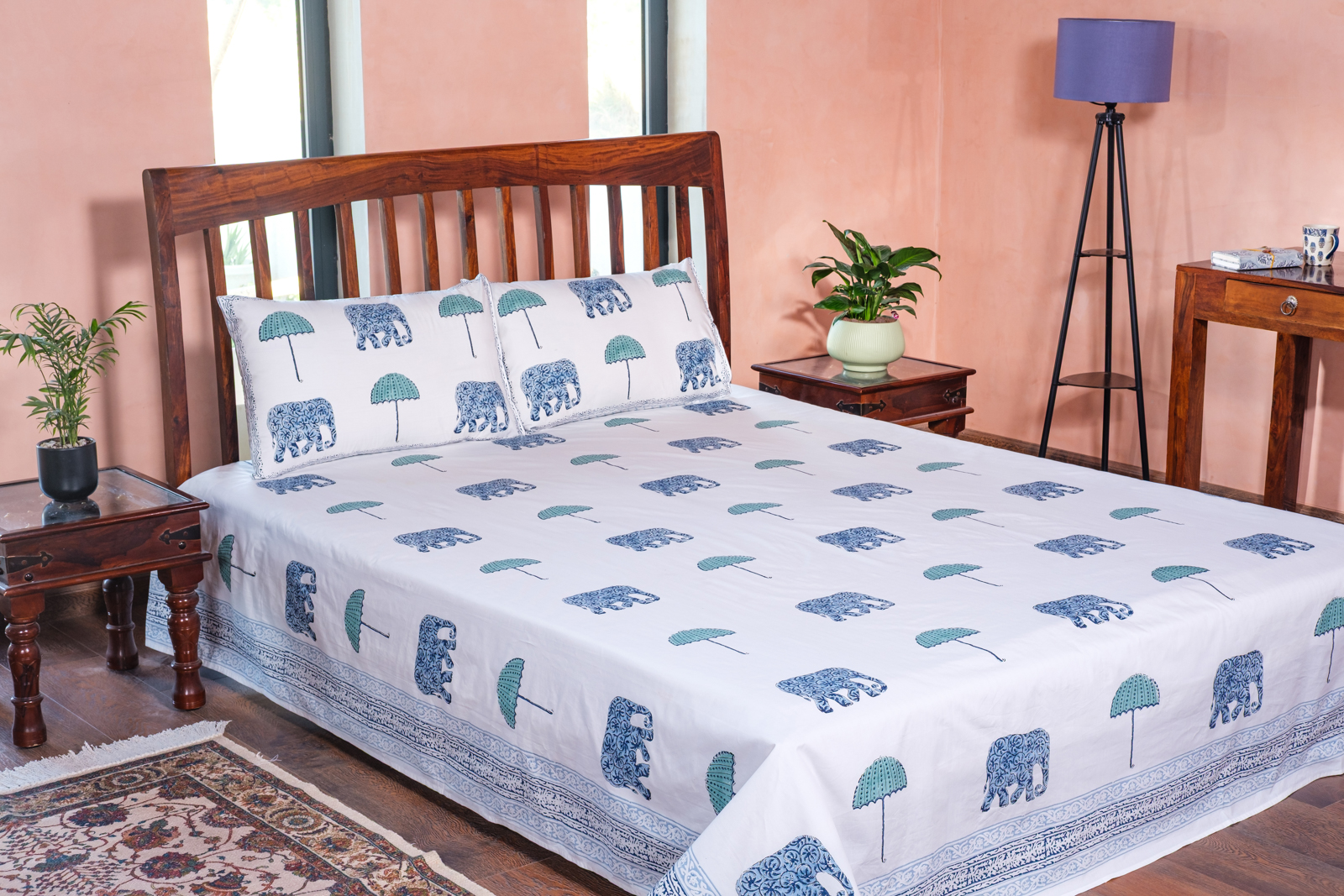 King Size Block Printed Percale Fine Cotton Bedspread with 2 Pillow Cases 100955