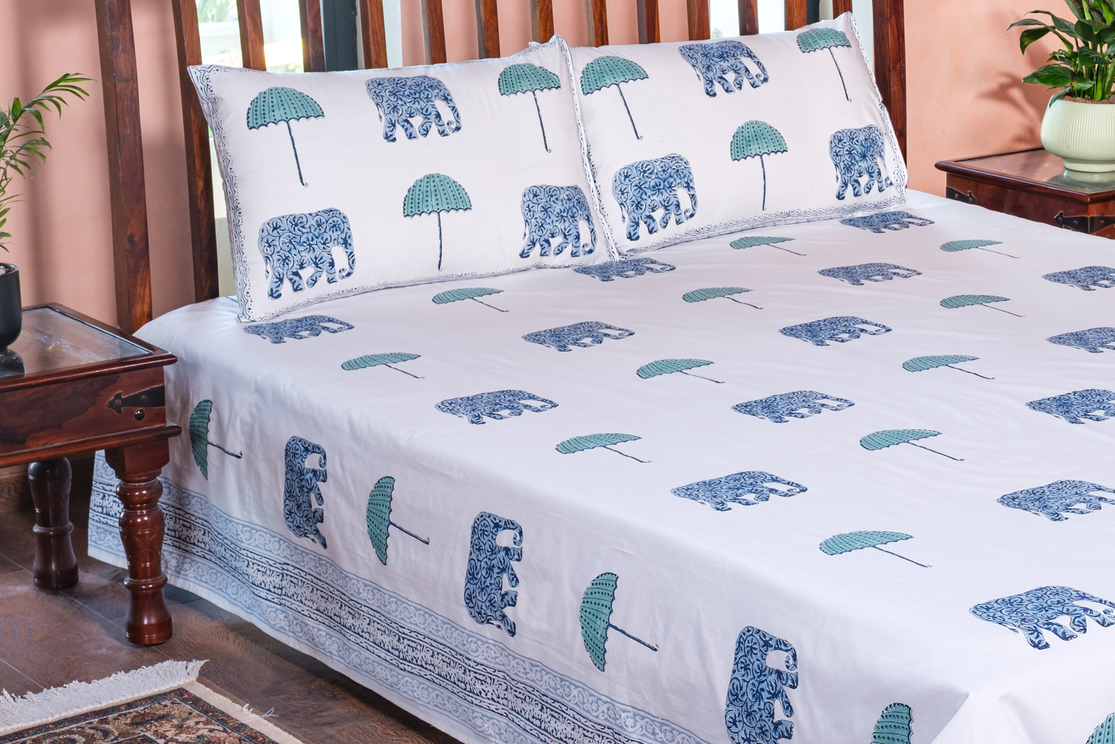 King Size Block Printed Percale Fine Cotton Bedspread with 2 Pillow Cases 100955