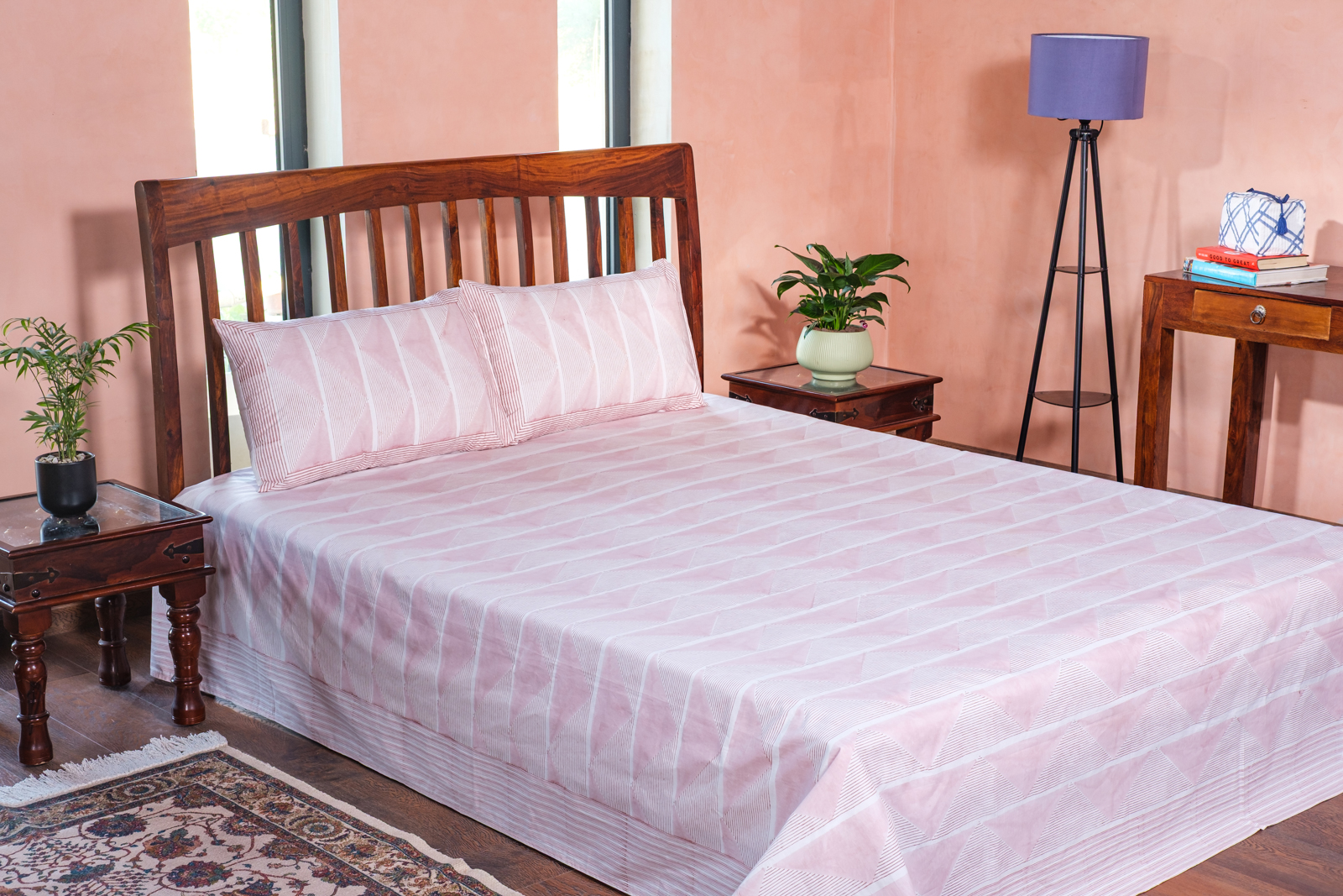 King Size Block Printed Percale Fine Cotton Bedspread with 2 Pillow Cases 100960