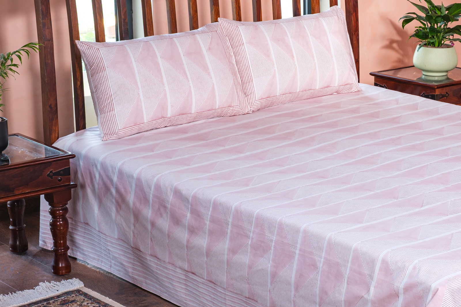 King Size Block Printed Percale Fine Cotton Bedspread with 2 Pillow Cases 100960