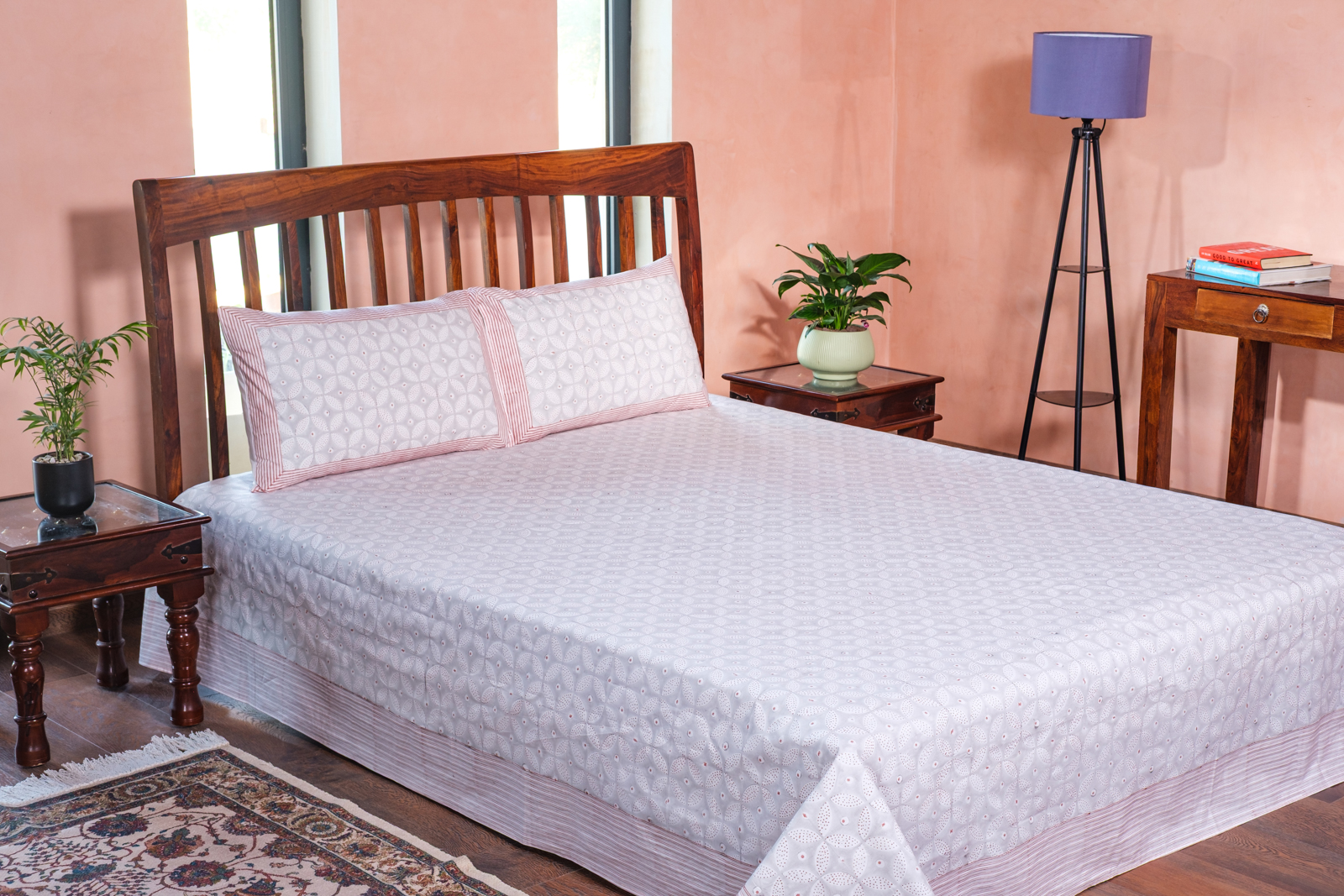 King Size Block Printed Percale Fine Cotton Bedspread with 2 Pillow Cases  100964