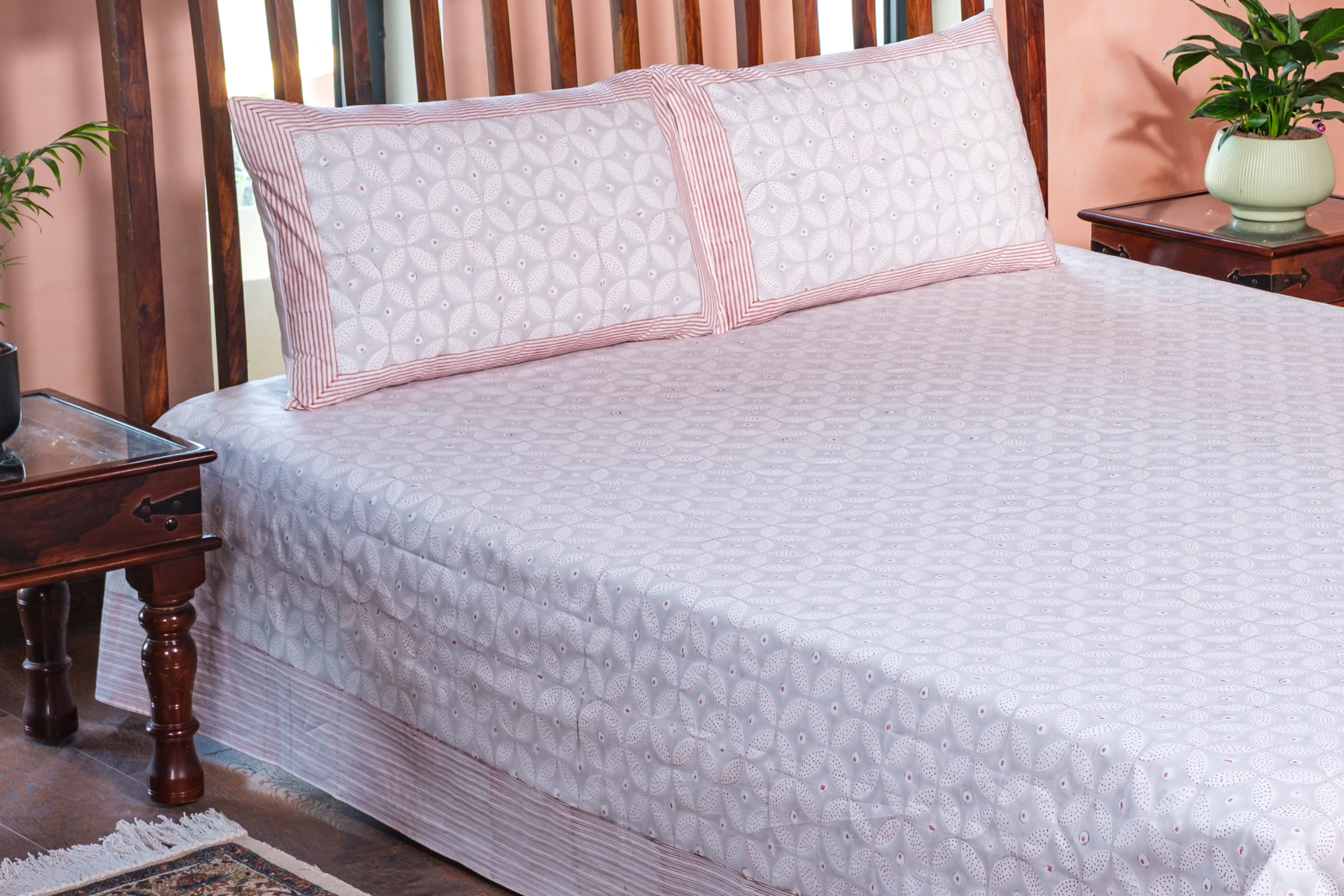 King Size Block Printed Percale Fine Cotton Bedspread with 2 Pillow Cases  100964