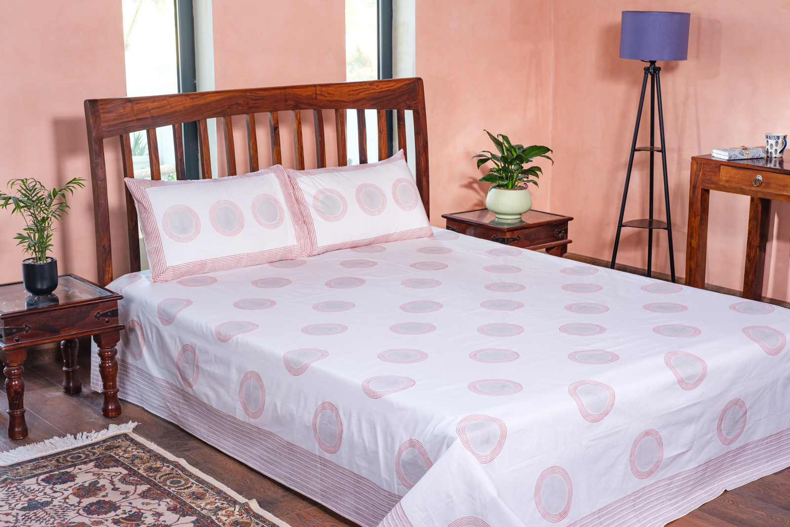 King Size Block Printed Percale Fine Cotton Bedspread with 2 Pillow Cases 100968