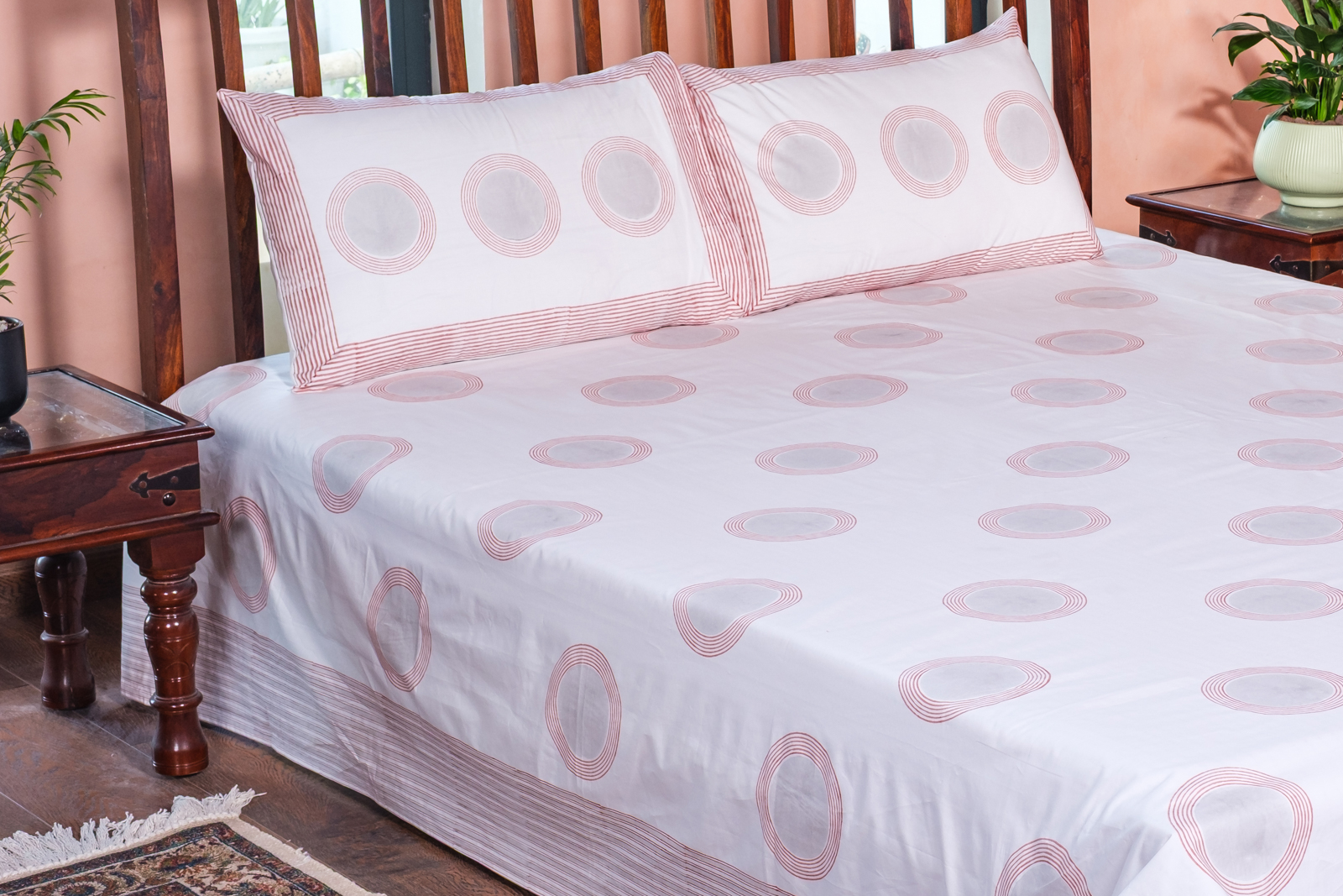 King Size Block Printed Percale Fine Cotton Bedspread with 2 Pillow Cases 100968