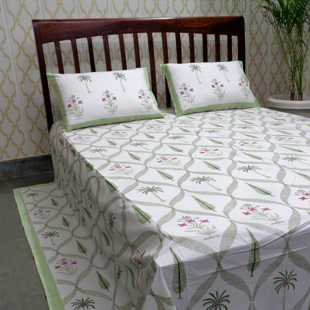 King Size Block Printed Percale Fine Cotton Bedspread with 2 Pillow Cases   700311