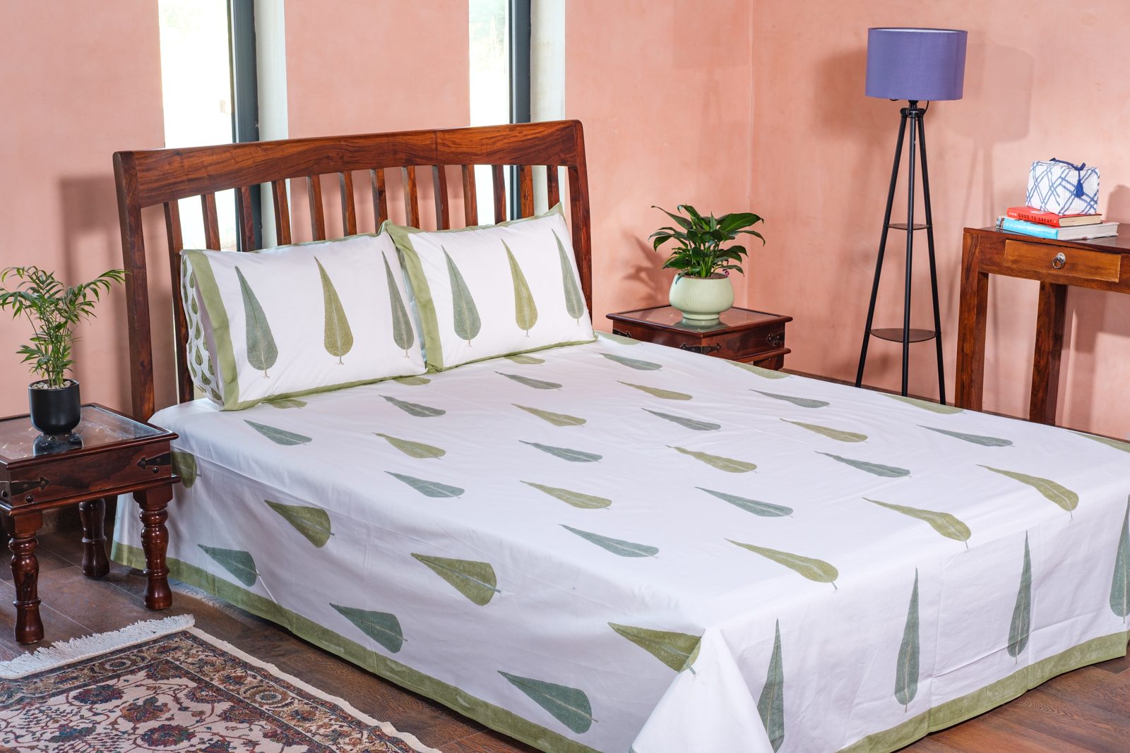 King Size Block Printed Percale Fine Cotton Bedspread with 2 Pillow Cases 700315