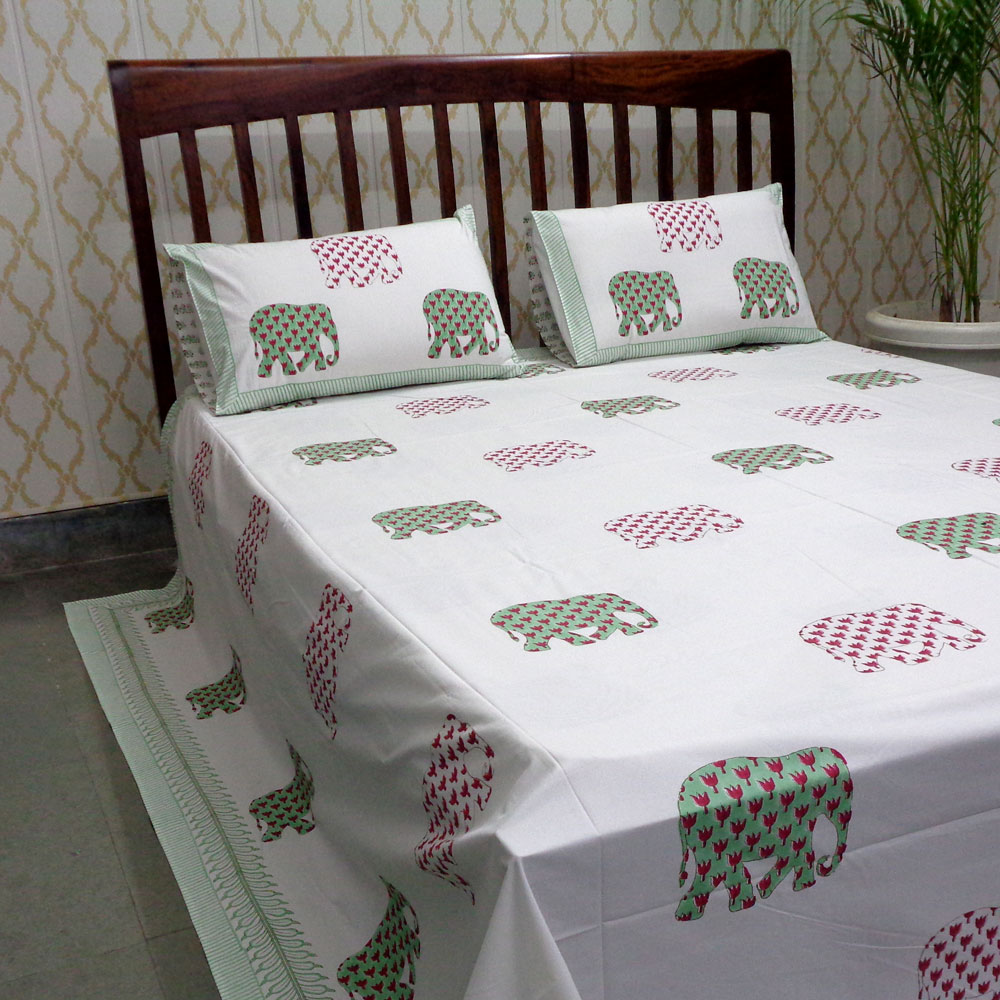 King Size Block Printed Percale Fine Cotton Bedspread with 2 Pillow Cases   700319