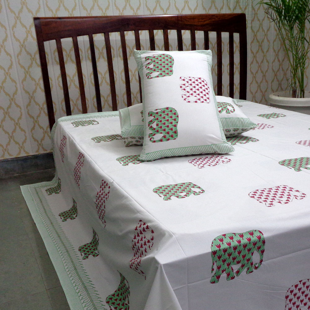 King Size Block Printed Percale Fine Cotton Bedspread with 2 Pillow Cases   700319