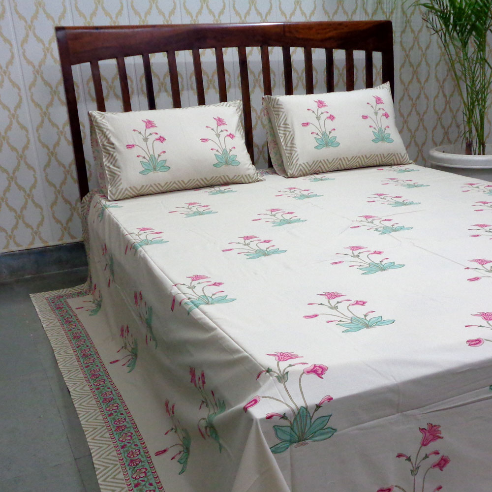 King Size Block Printed Percale Fine Cotton Bedspread with 2 Pillow Cases   700327