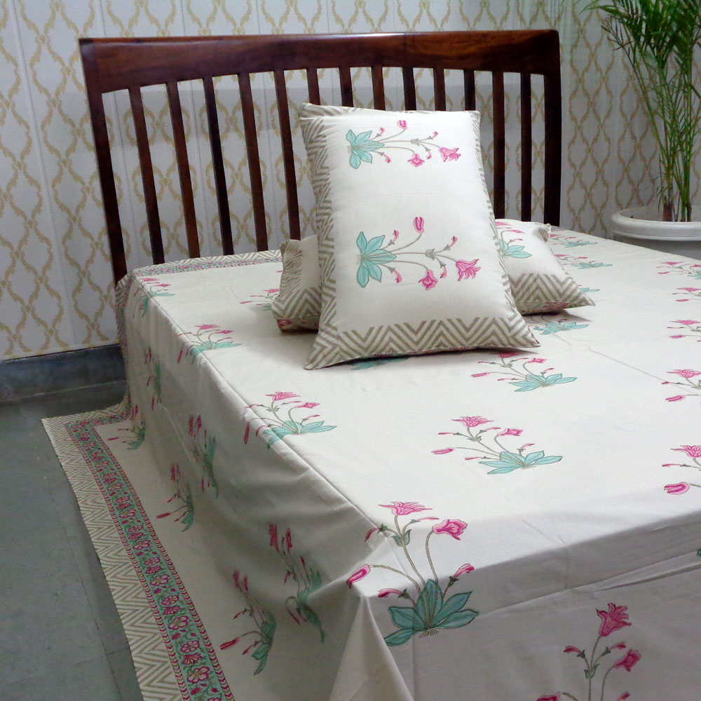 King Size Block Printed Percale Fine Cotton Bedspread with 2 Pillow Cases   700327