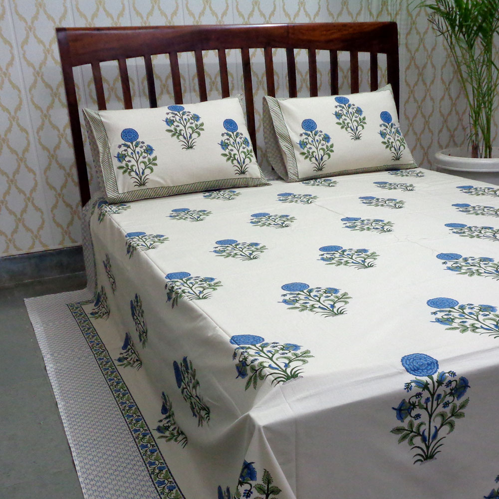 King Size Block Printed Percale Fine Cotton Bedspread with 2 Pillow Cases 700331