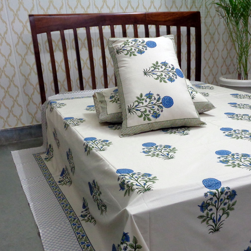 King Size Block Printed Percale Fine Cotton Bedspread with 2 Pillow Cases 700331