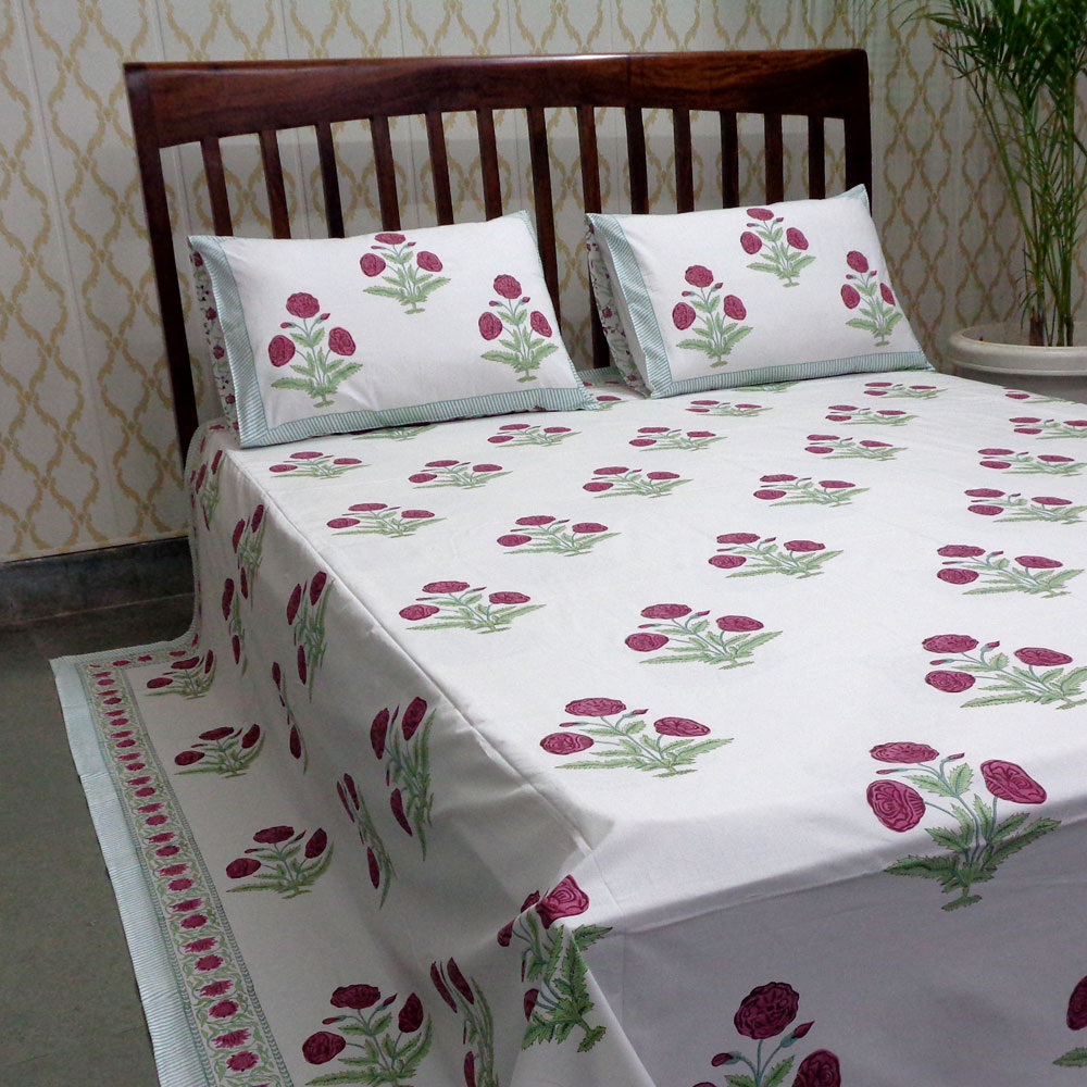 King Size Block Printed Percale Fine Cotton Bedspread with 2 Pillow Cases  700335