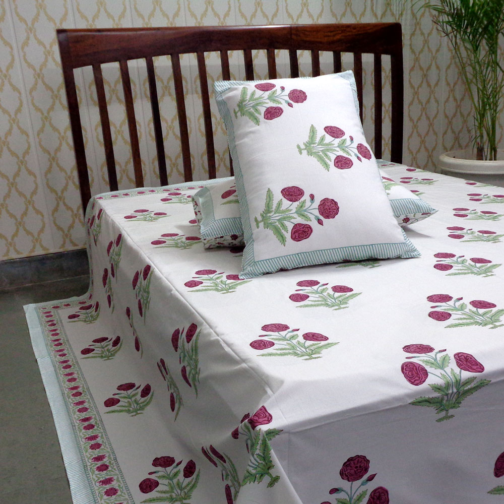 King Size Block Printed Percale Fine Cotton Bedspread with 2 Pillow Cases  700335