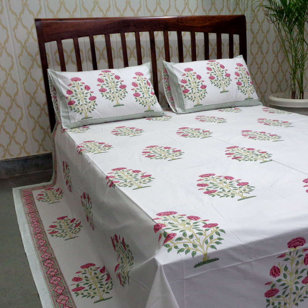 King Size Block Printed Percale Fine Cotton Bedspread with 2 Pillow Cases   700347