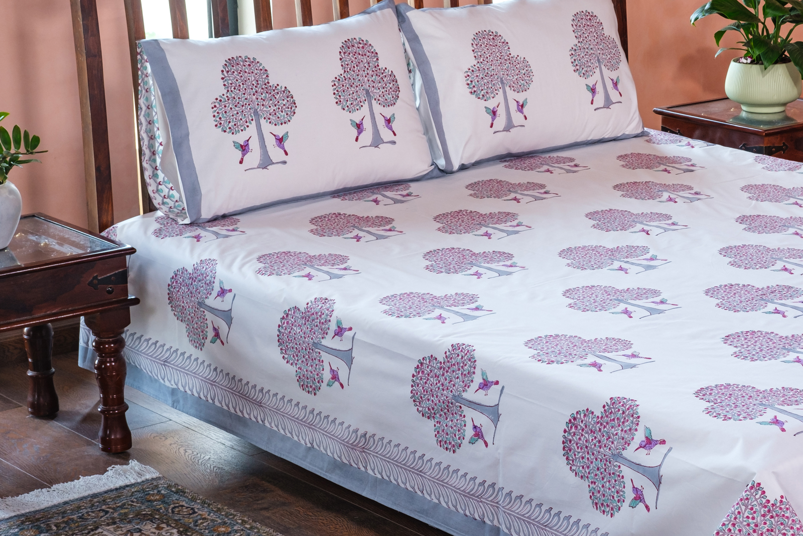 Hand Block Printed Cotton Percale Queen Size Bedspread 700224