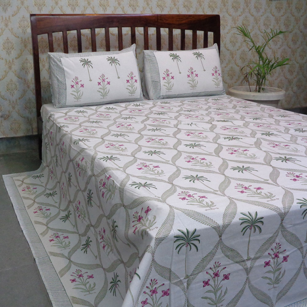 Hand Block Printed Cotton Queen Size Bedspread 208092