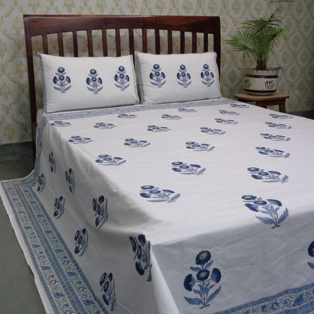 Hand Block Printed Cotton Queen Size Bedspread Boota Blue 204108