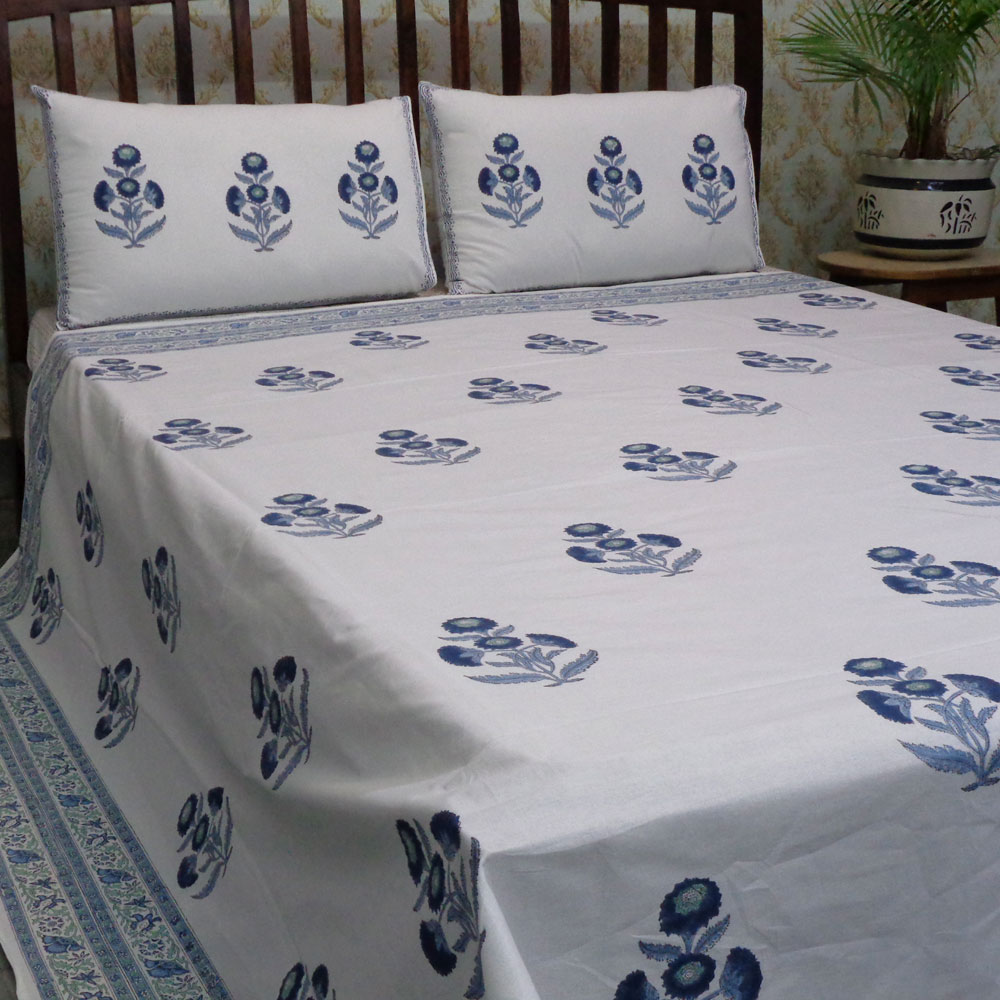 Hand Block Printed Cotton Queen Size Bedspread Boota Blue 204108