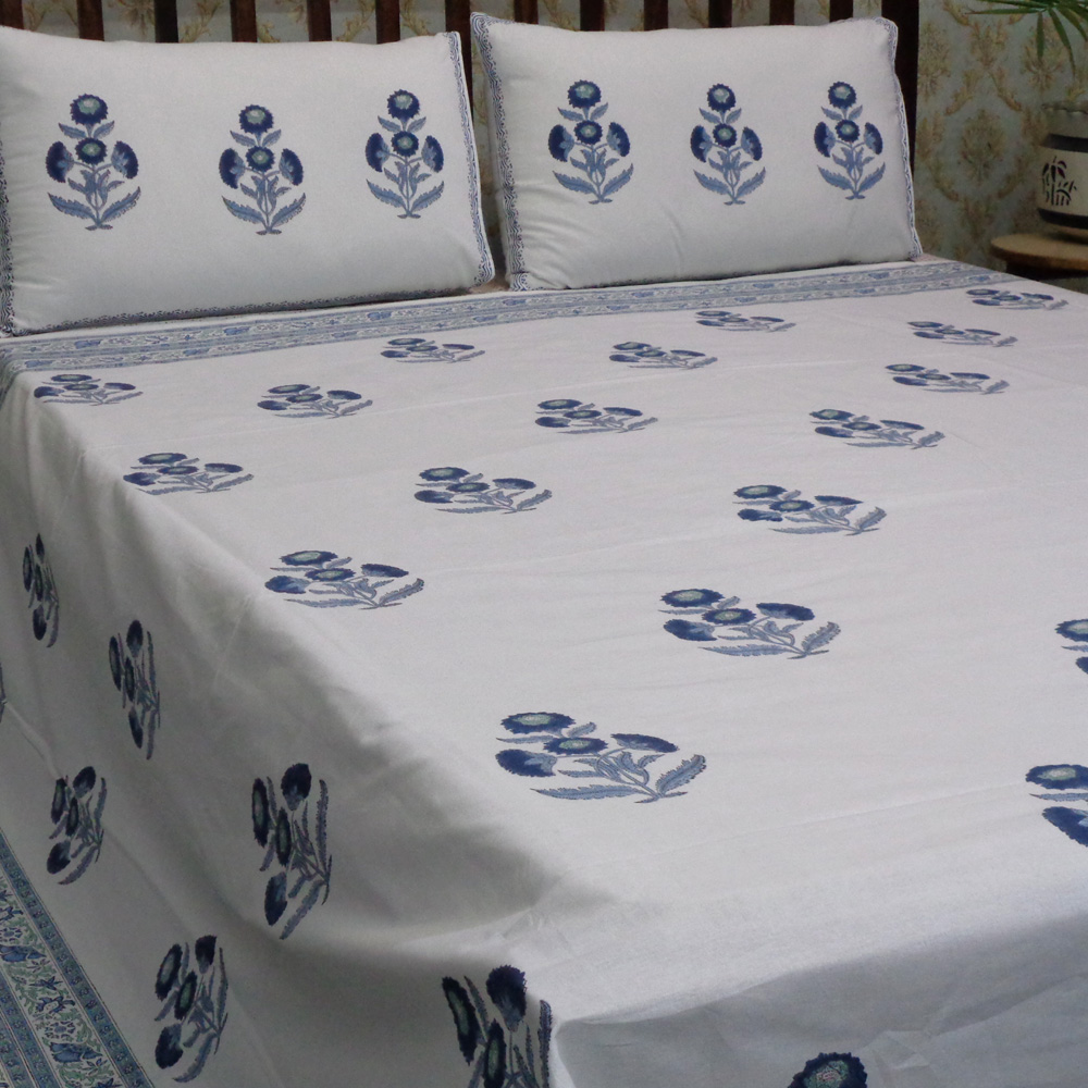 Hand Block Printed Cotton Queen Size Bedspread Boota Blue 204108