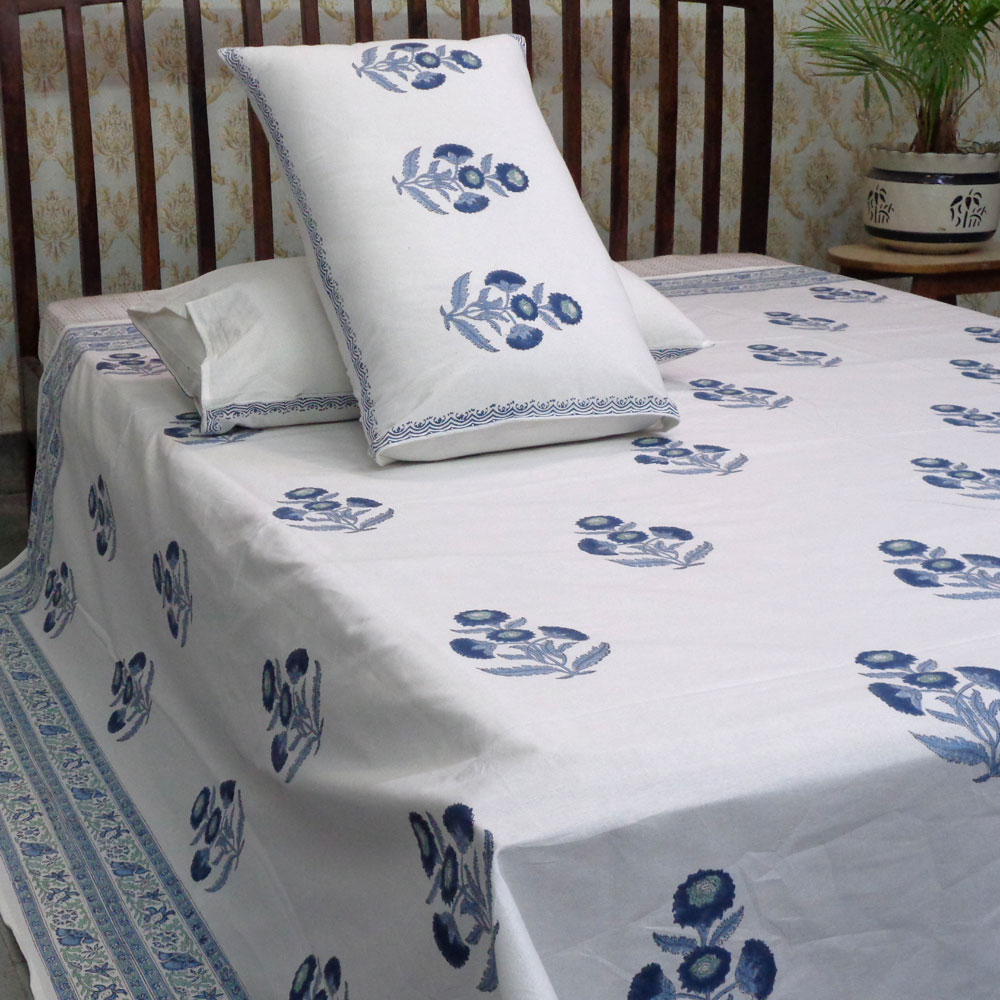Hand Block Printed Cotton Queen Size Bedspread Boota Blue 204108