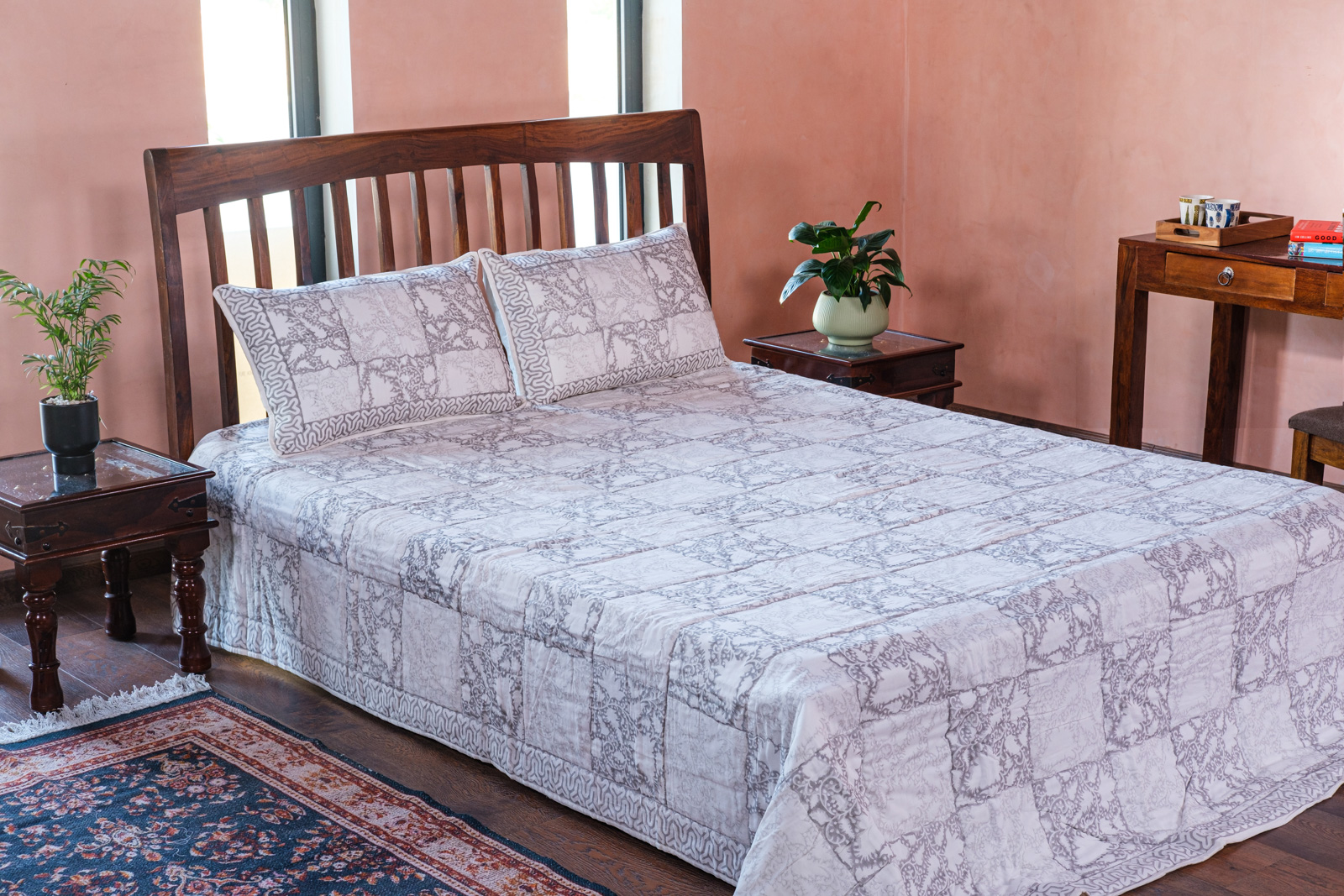 Hand Block Printed Soft Cotton Quilted Bedspread Queen Size  103877