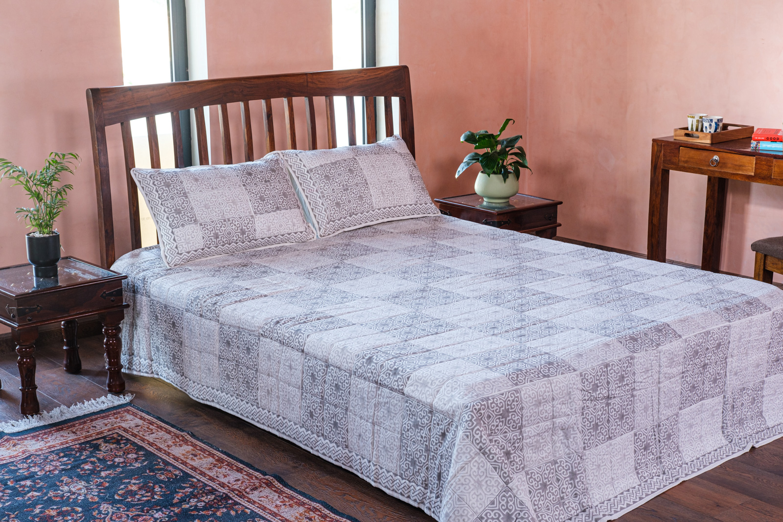 Hand Block Printed Soft Cotton Quilted Bedspread Queen Size 206457