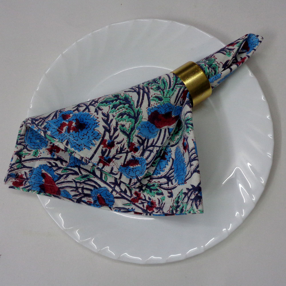 Hand Block Printed Cotton Napkin 45x45 cm Set of 4 Napkins  Bush Flower Blue Open 103484