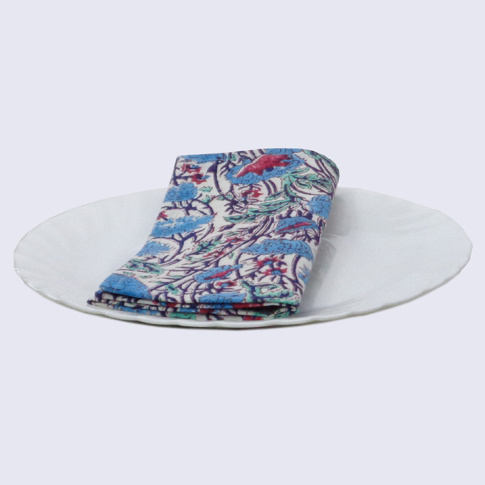 Hand Block Printed Cotton Napkin 45x45 cm Set of 4 Napkins  Bush Flower Blue Open 103484
