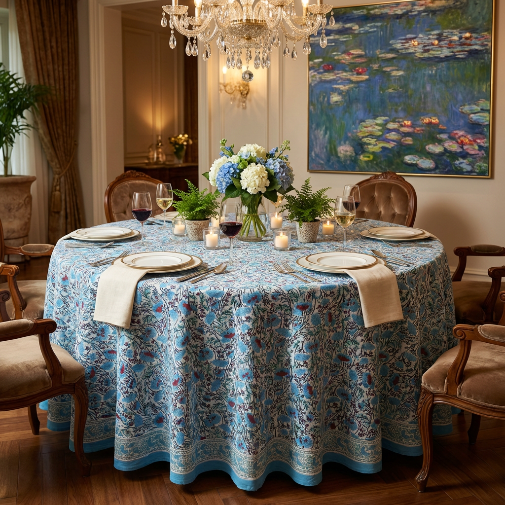 Hand Block Printed Cotton Round Tablecloth 220 cm Bush Flower Blue Open 102398