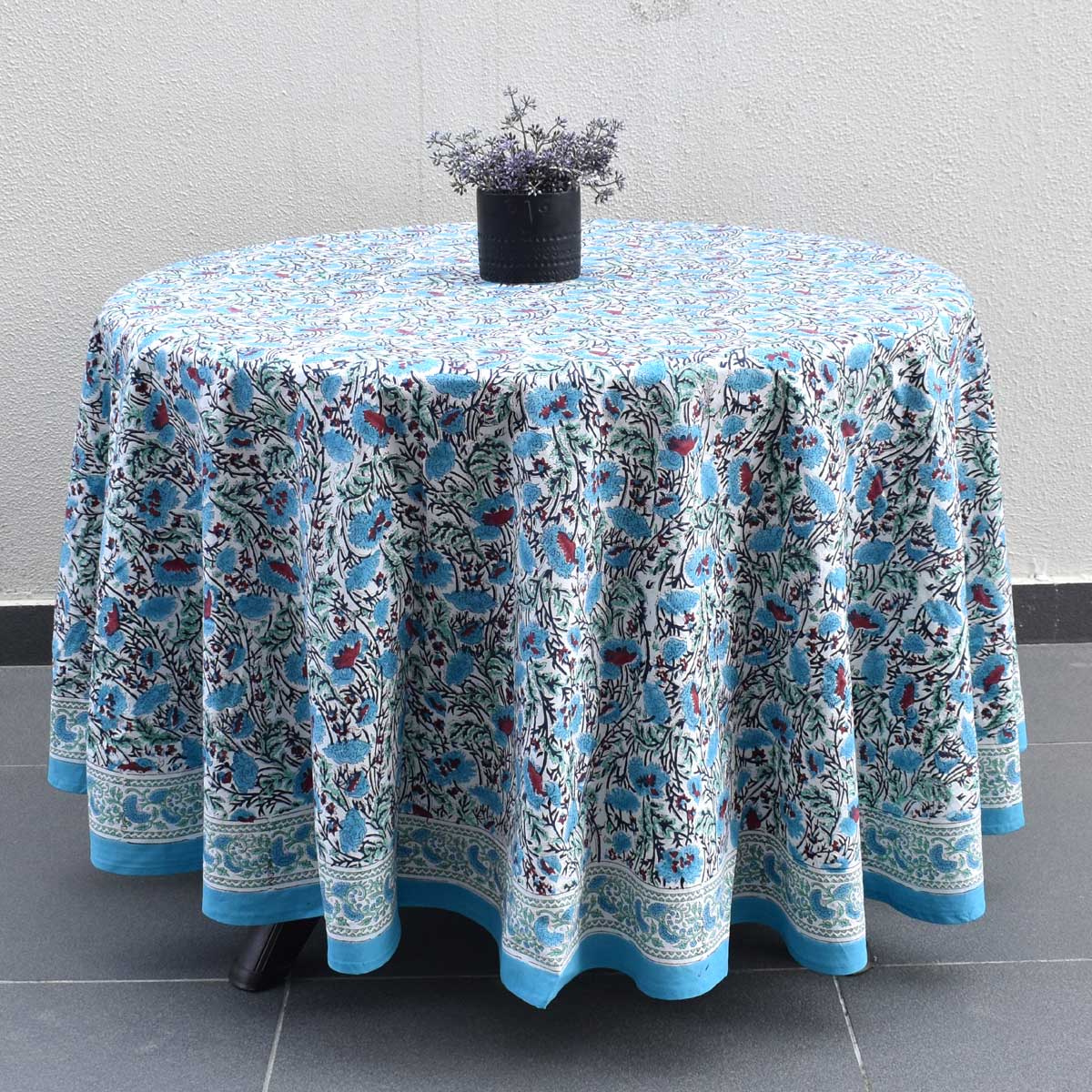 Hand Block Printed Cotton Round Tablecloth 220 cm Bush Flower Blue Open 102398