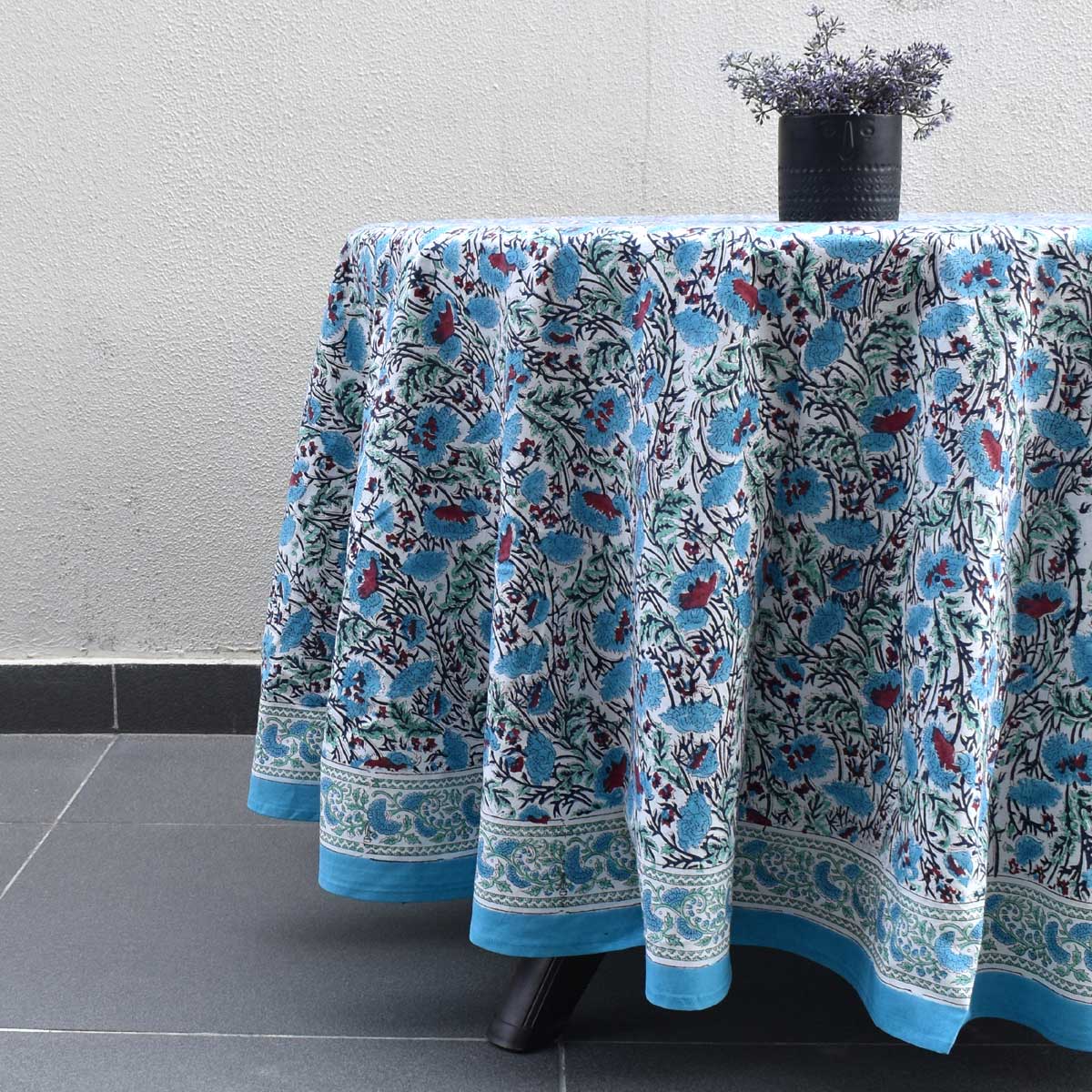 Hand Block Printed Cotton Round Tablecloth 150 cm Bush Flower Blue Open 102398