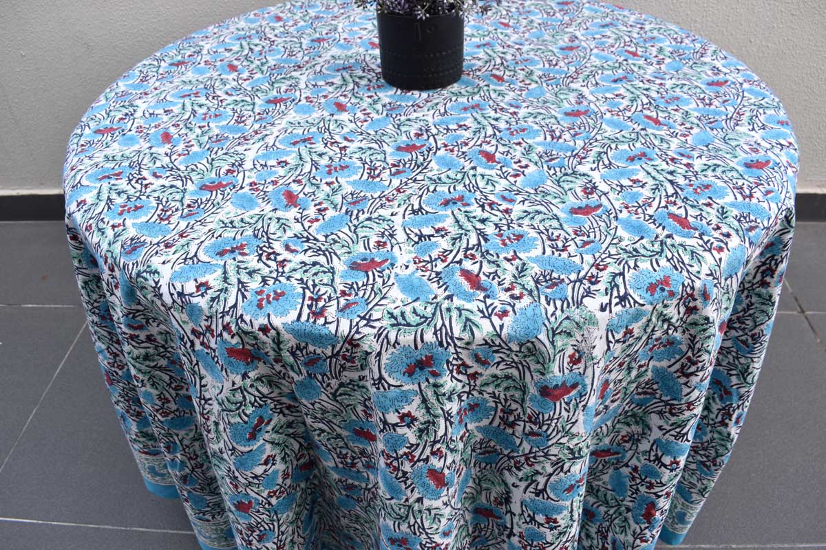 Hand Block Printed Cotton Round Tablecloth 180 cm Bush Flower Blue Open 102398