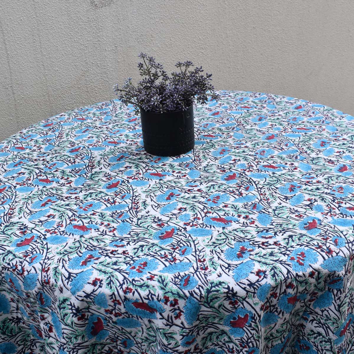 Hand Block Printed Cotton Round Tablecloth 150 cm Bush Flower Blue Open 102398