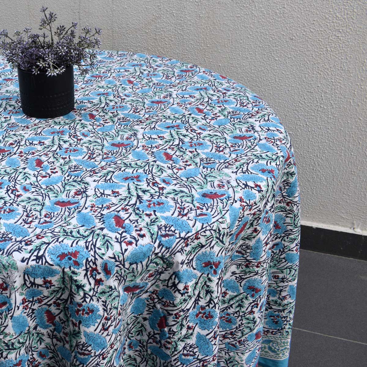 Hand Block Printed Cotton Round Tablecloth 220 cm  Bush Flower Blue Open 102398