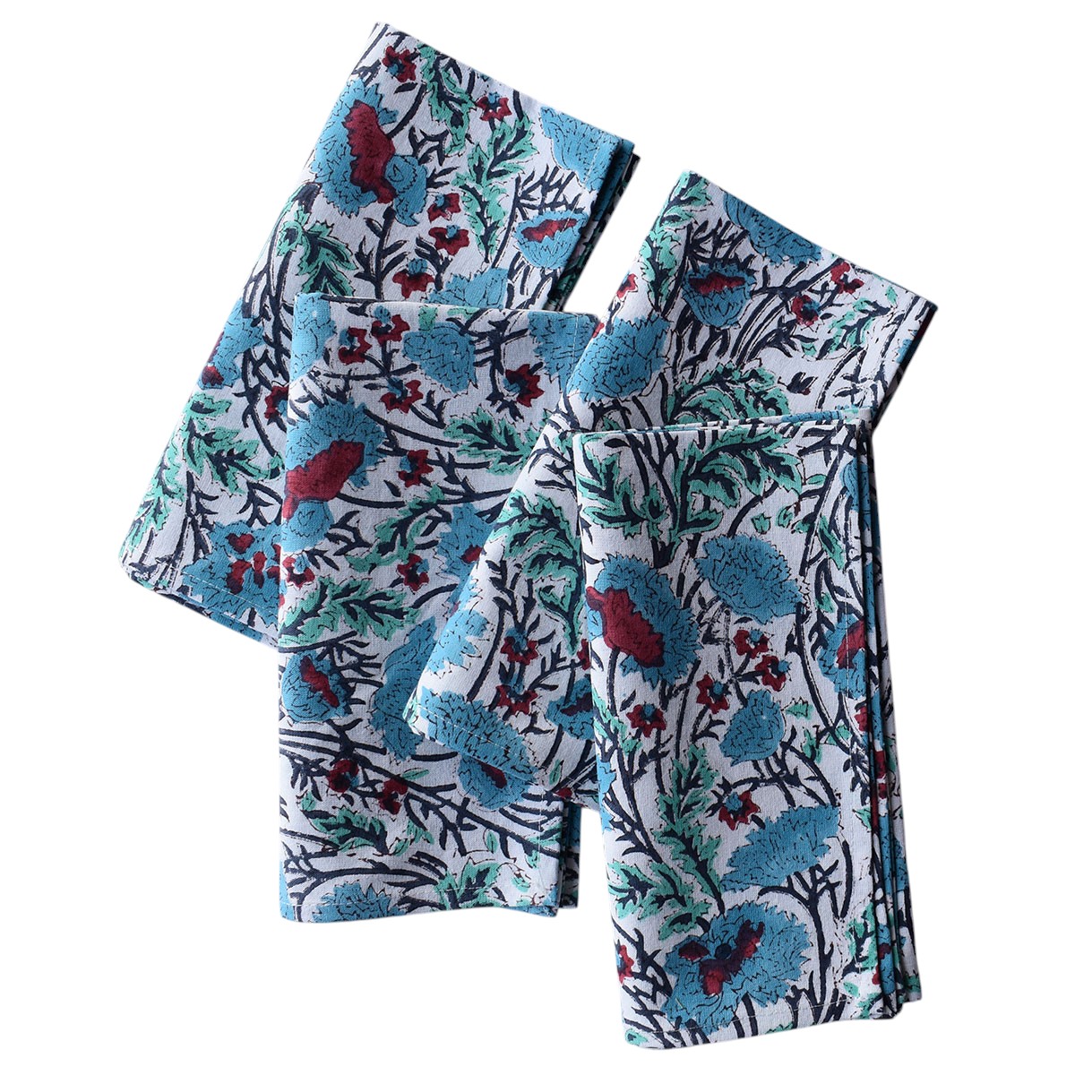 Hand Block Printed Cotton Napkin 45x45 cm Set of 4 Napkins Bush Flower Blue Open 103484