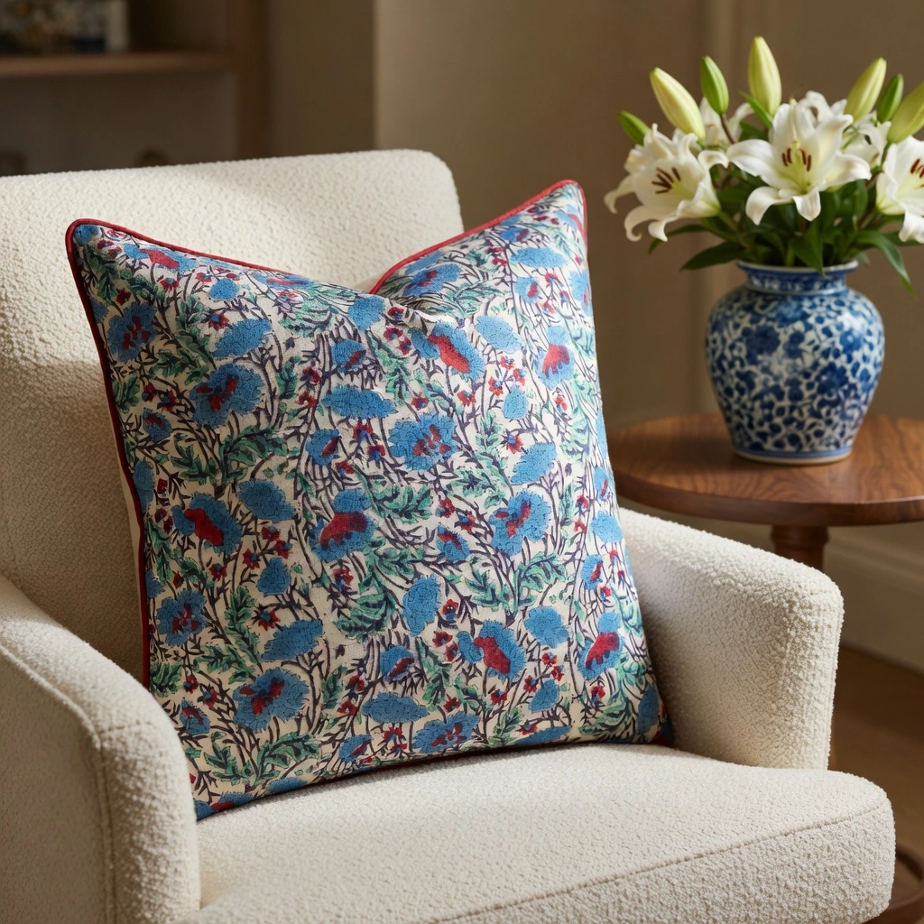 Piping Cushion Cover 50x50 cms Bush Flower Blue Open 104855
