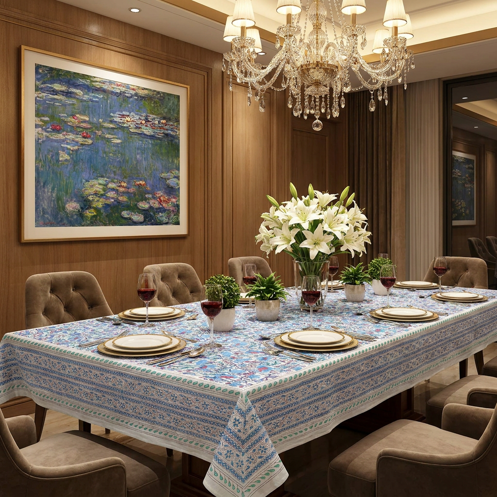 Tablecloth 12 seater in Cotton Hand Block Printed Cotton Tablecloth 180x340 Bush Flower Blue Open 105199