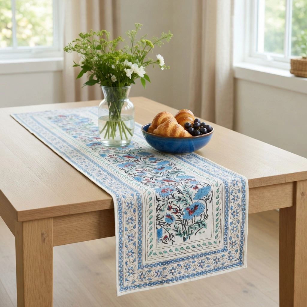 Hand Block Printed Cotton Canvas Table Runner 33x170 cms Bush Flower Blue Open 207926