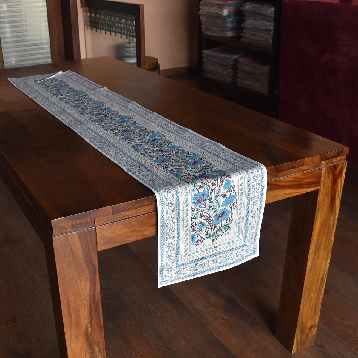 Hand Block Printed Cotton Canvas Table Runner 33x170 cms Bush Flower Blue Open 207926