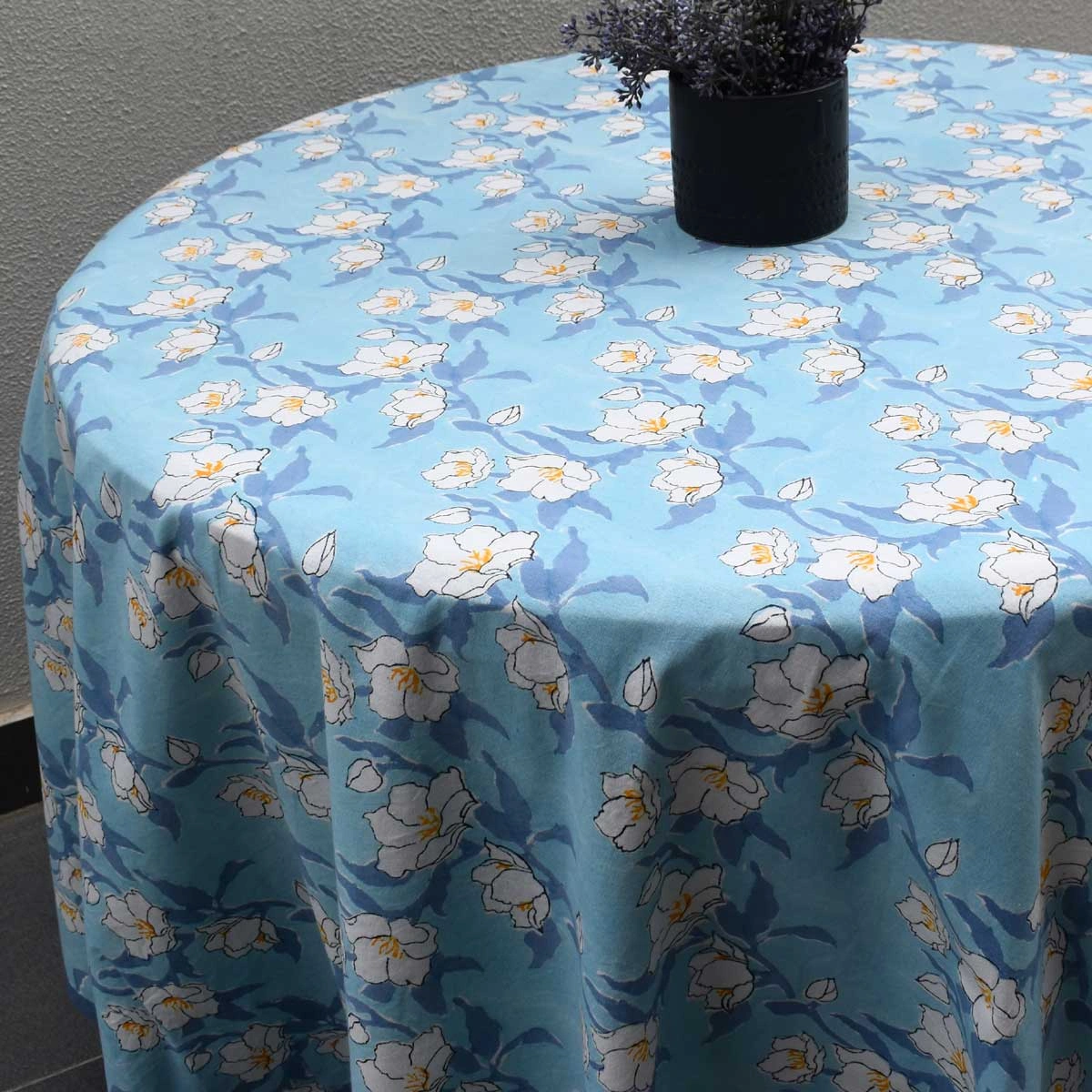 Round 220 cms Cotton French Design Table Cover  Camellia Blue Mist 260919